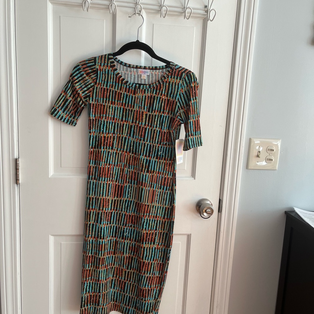 LuLaRoe Geometric Patterned Midi Dress - Teal, Orange, Cream